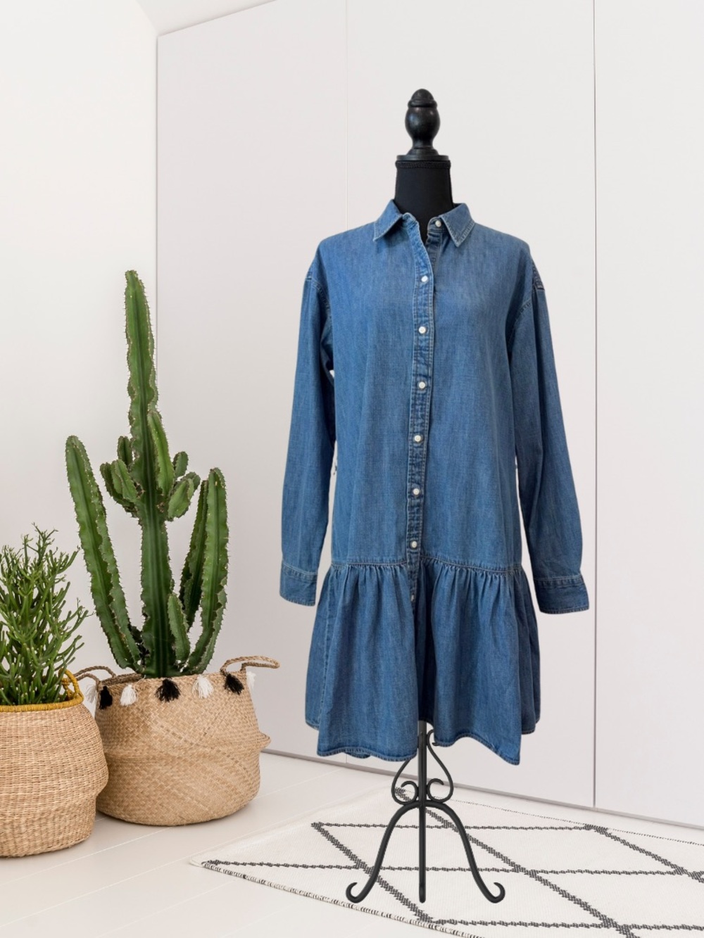 Lauren Ralph Lauren Long Sleeve Button Down Ruffle Hem Jean Dress